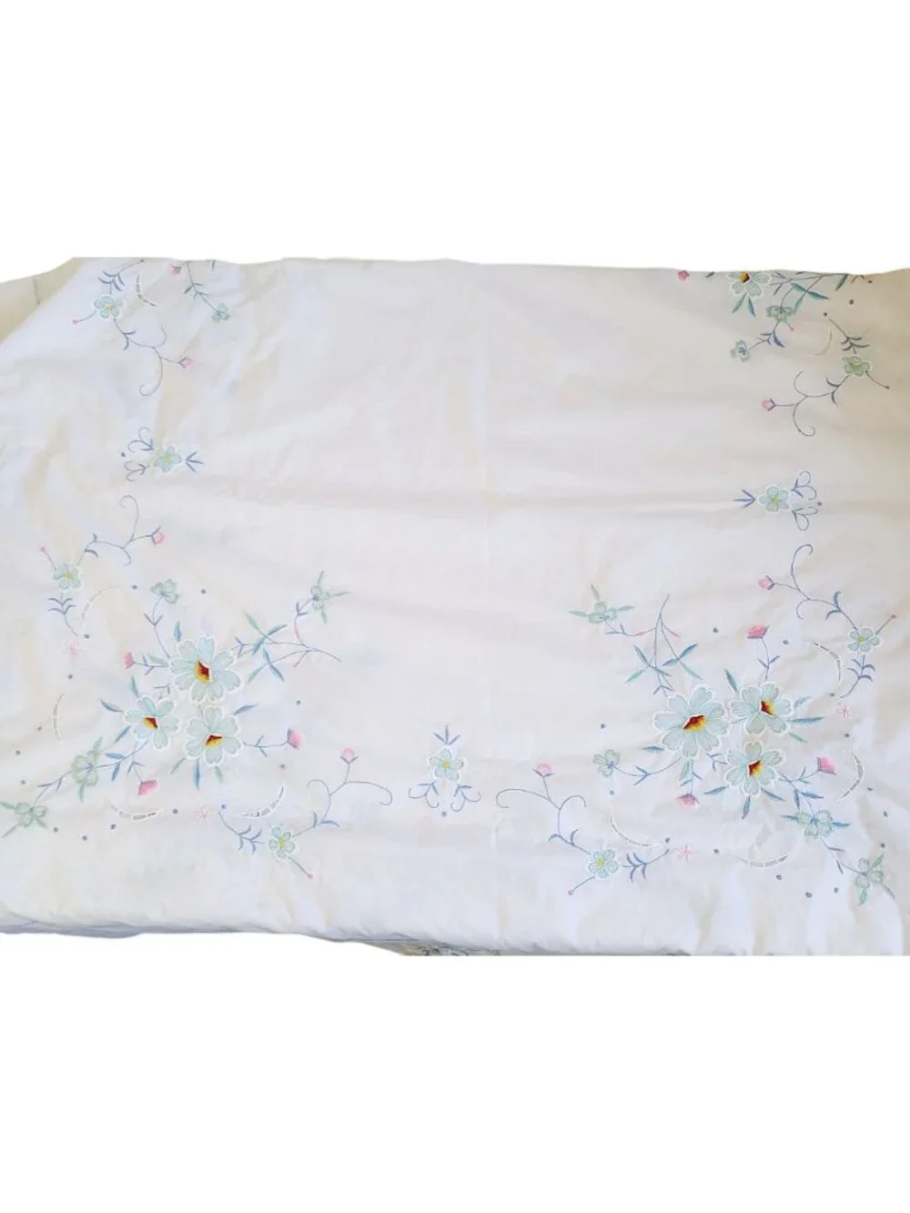 Vintage Linen Tablecloth Peacock Set With Embroidered Daisies Perma Press *READ*